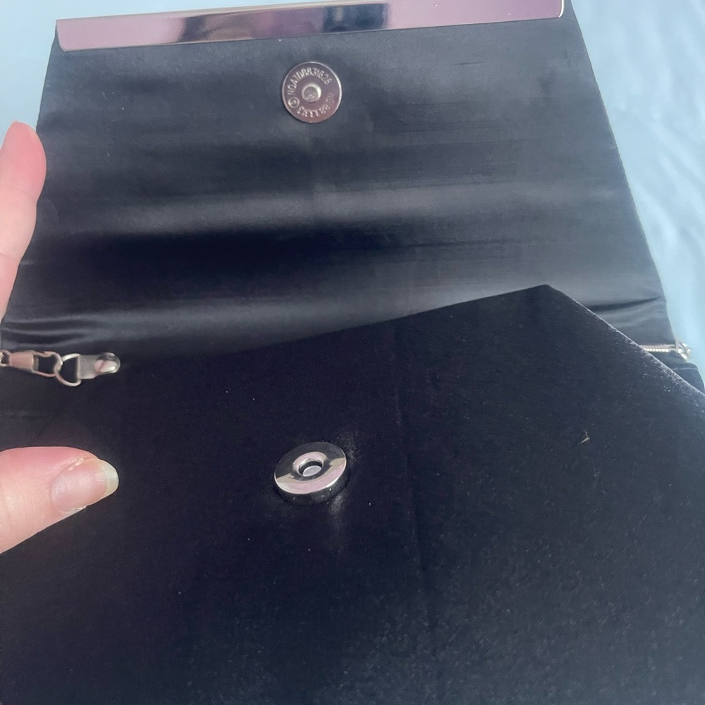 Formal satin envelope purse black, silver hardware. 9”x5”x 2 21” Handle - Picture 5 of 9
